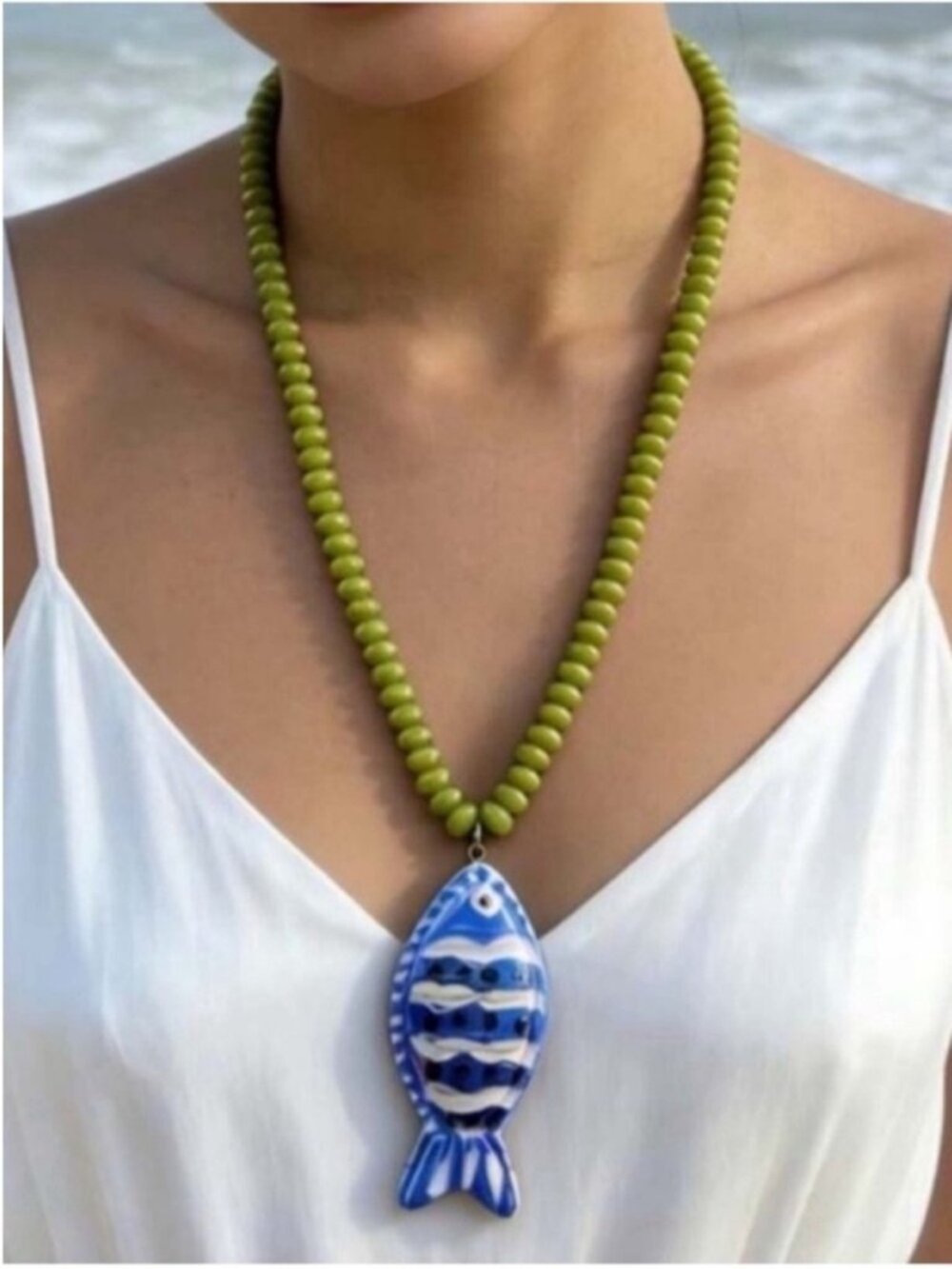 New! Coastal Blue Fish Green Beaded Necklace NWOT